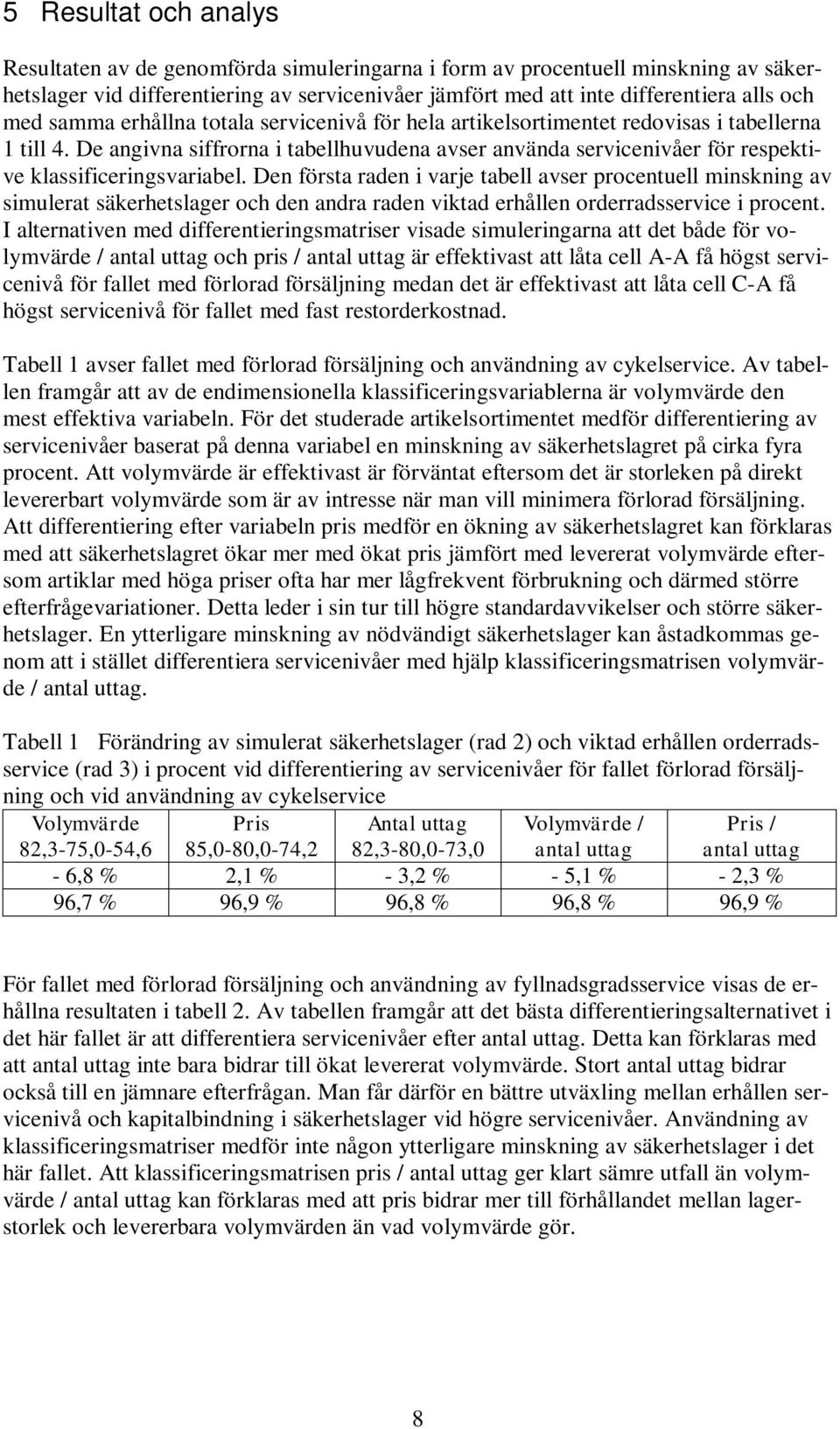 Den första raden i varje tabell avser procentuell minskning av simulerat säkerhetslager och den andra raden viktad erhållen orderradsservice i procent.