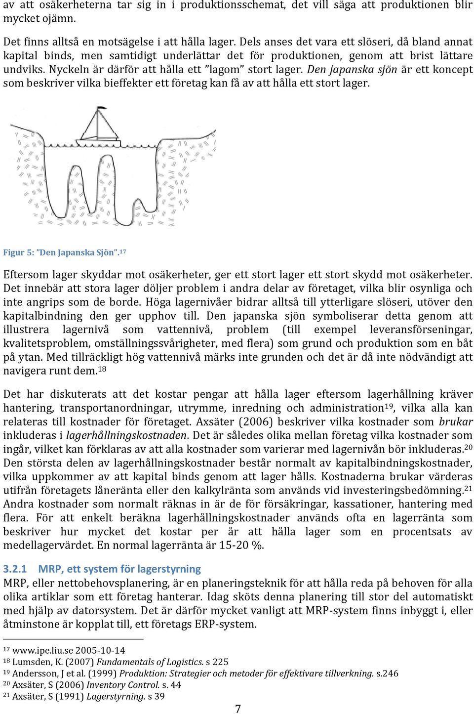 Den japanska sjön är ett koncept som beskriver vilka bieffekter ett företag kan få av att hålla ett stort lager. Figur 5: Den Japanska Sjön.