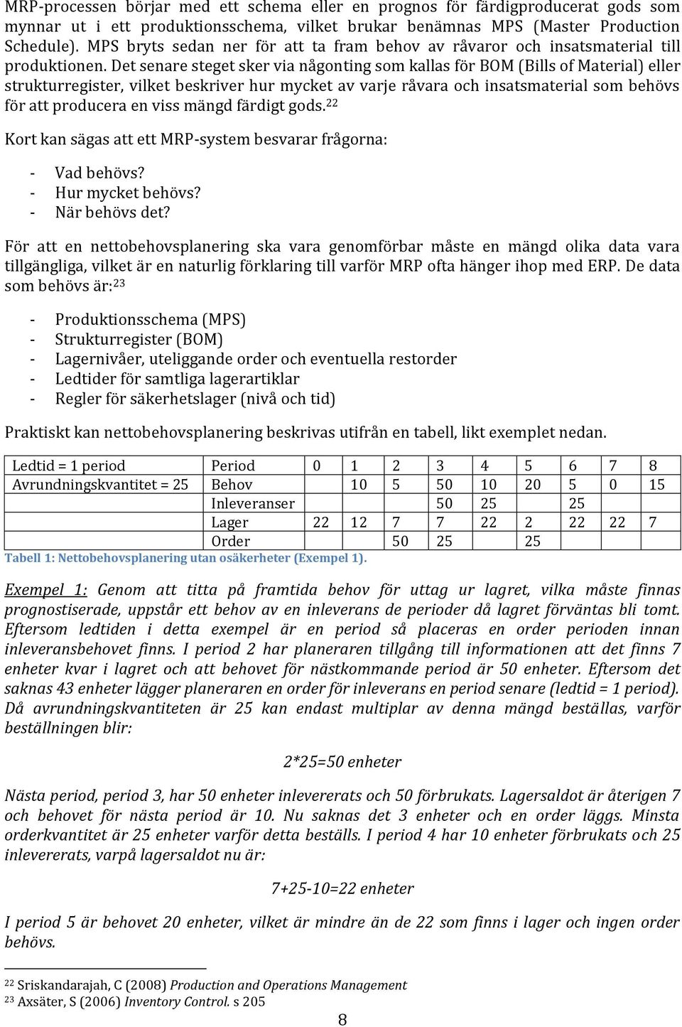 Det senare steget sker via någonting som kallas för BOM (Bills of Material) eller strukturregister, vilket beskriver hur mycket av varje råvara och insatsmaterial som behövs för att producera en viss