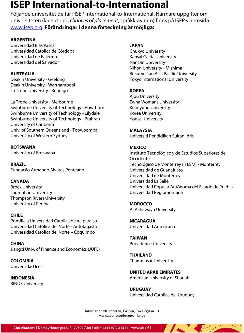 Förändringar i denna förteckning är möjliga: ARGENTINA Universidad Blas Pascal Universidad Católica de Córdoba Universidad de Palermo Universidad del Salvador AUSTRALIA Deakin University - Geelong
