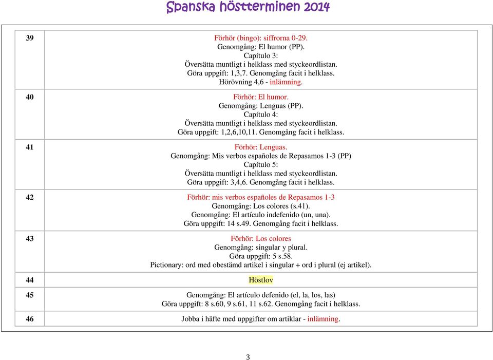 Genomgång facit i helklass. 42 Förhör: mis verbos españoles de Repasamos 1-3 Genomgång: Los colores (s.41). Genomgång: El artículo indefenido (un, una). Göra uppgift: 14 s.49.