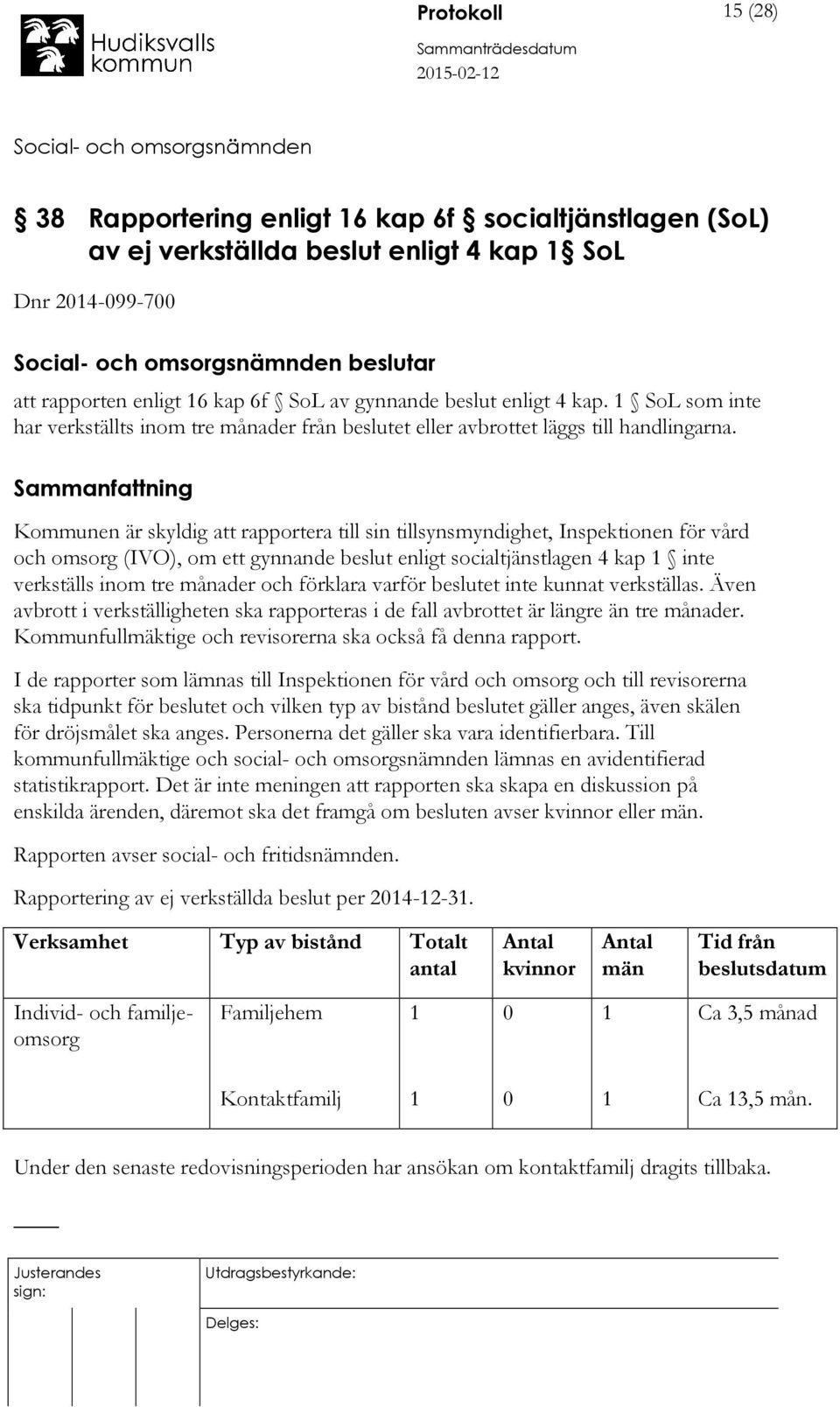 Kommunen är skyldig att rapportera till sin tillsynsmyndighet, Inspektionen för vård och omsorg (IVO), om ett gynnande beslut enligt socialtjänstlagen 4 kap 1 inte verkställs inom tre månader och