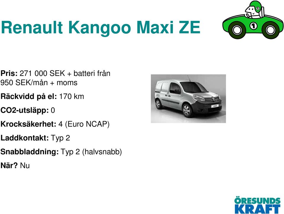 CO2-utsläpp: 0 Krocksäkerhet: 4 (Euro NCAP)