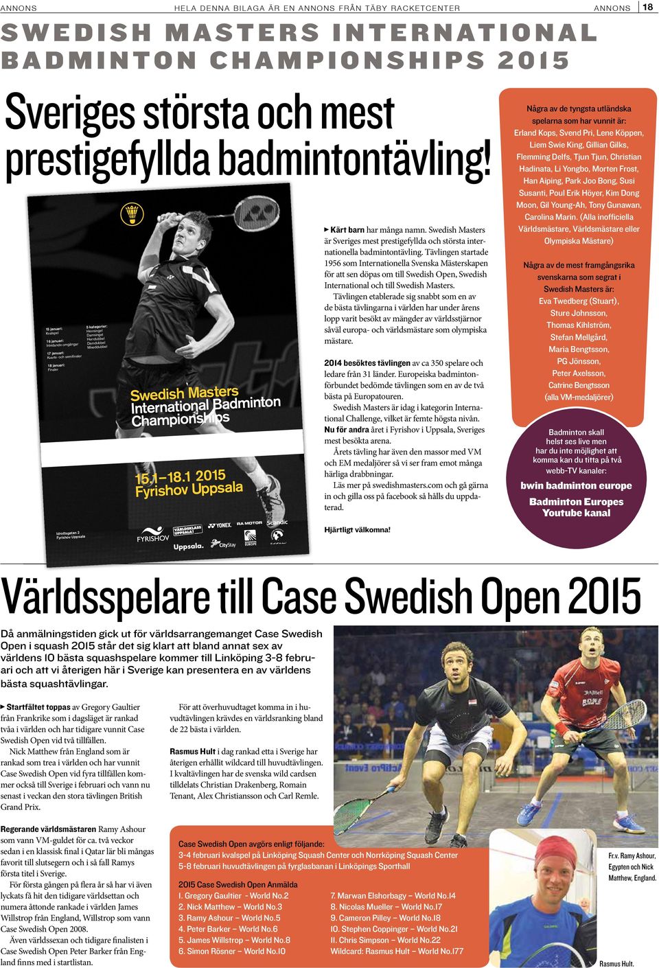 Damsingel Herrdubbel Damdubbel Mixeddubbel Swedish Masters International Badminton Championships 15.1 18.1 2015 Fyrishov Uppsala Kärt barn har många namn.