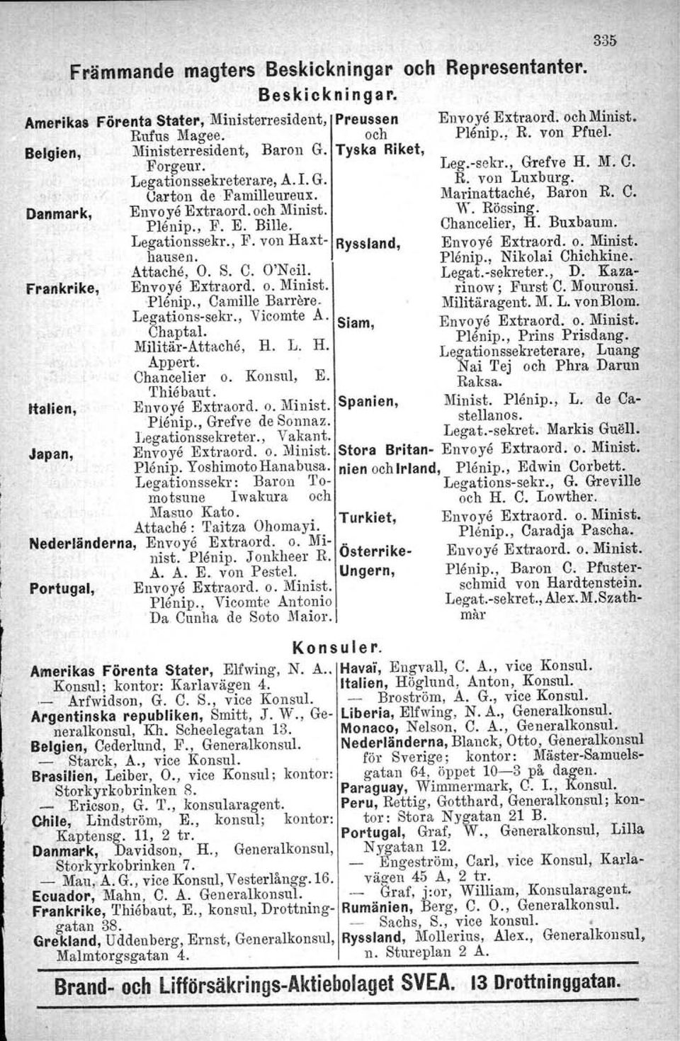 och Minist. Plenip., F. E. Bille. W. Rössing. Chancelier, H. Buxbaum, Legationssekr., F. von Haxt- Ryssland, Envovå Extraord. o. Minist. hausen. Plenip., Nikolai Chichkine, Attache, O. S. C. O'Neil.