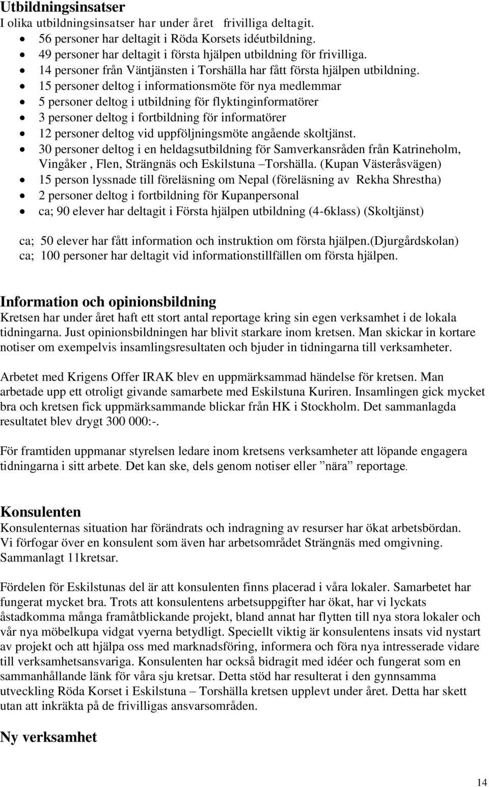 15 personer deltog i informationsmöte för nya medlemmar 5 personer deltog i utbildning för flyktinginformatörer 3 personer deltog i fortbildning för informatörer 12 personer deltog vid