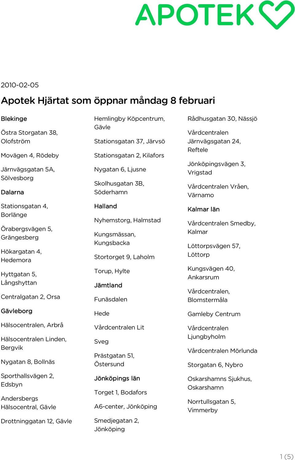 Andersbergs Hälsocentral, Gävle Drottninggatan 12, Gävle Hemlingby Köpcentrum, Gävle Stationsgatan 37, Järvsö Stationsgatan 2, Kilafors Nygatan 6, Ljusne Skolhusgatan 3B, Söderhamn Halland