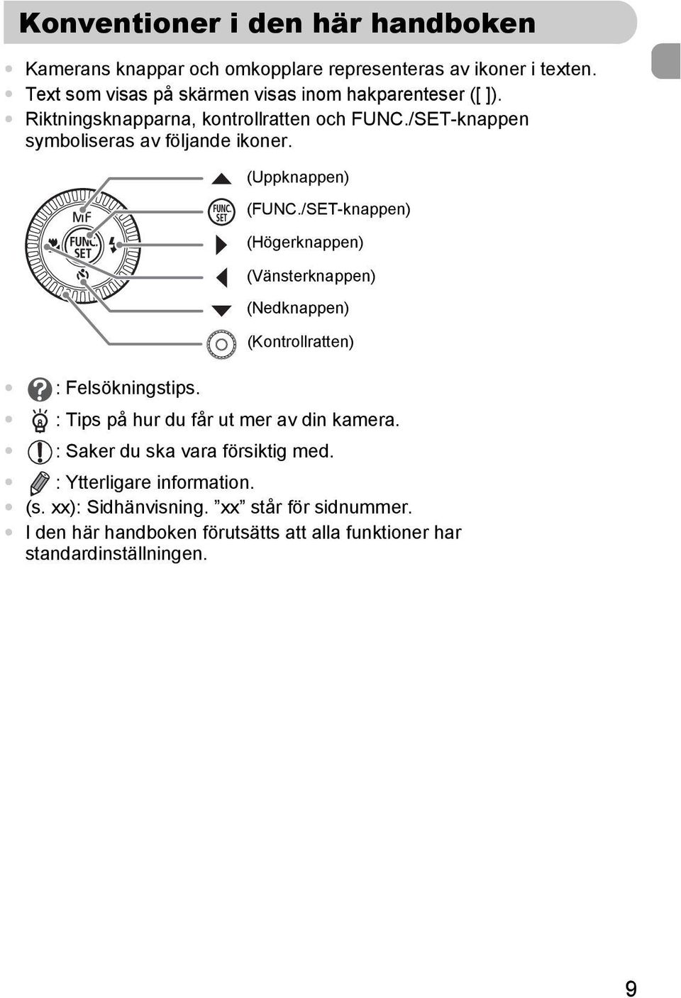 (Uppknappen) (FUNC./SET-knappen) (Högerknappen) (Vänsterknappen) (Nedknappen) (Kontrollratten) : Felsökningstips.