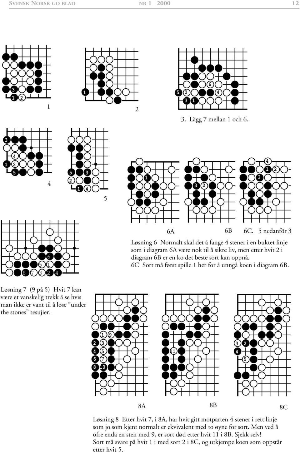 6C Sort må først spille her for å unngå koen i diagram 6B. Løsning 7 (9 på 5) Hvit 7 kan være et vanskelig trekk å se hvis man ikke er vant til å løse under the stones tesujier.