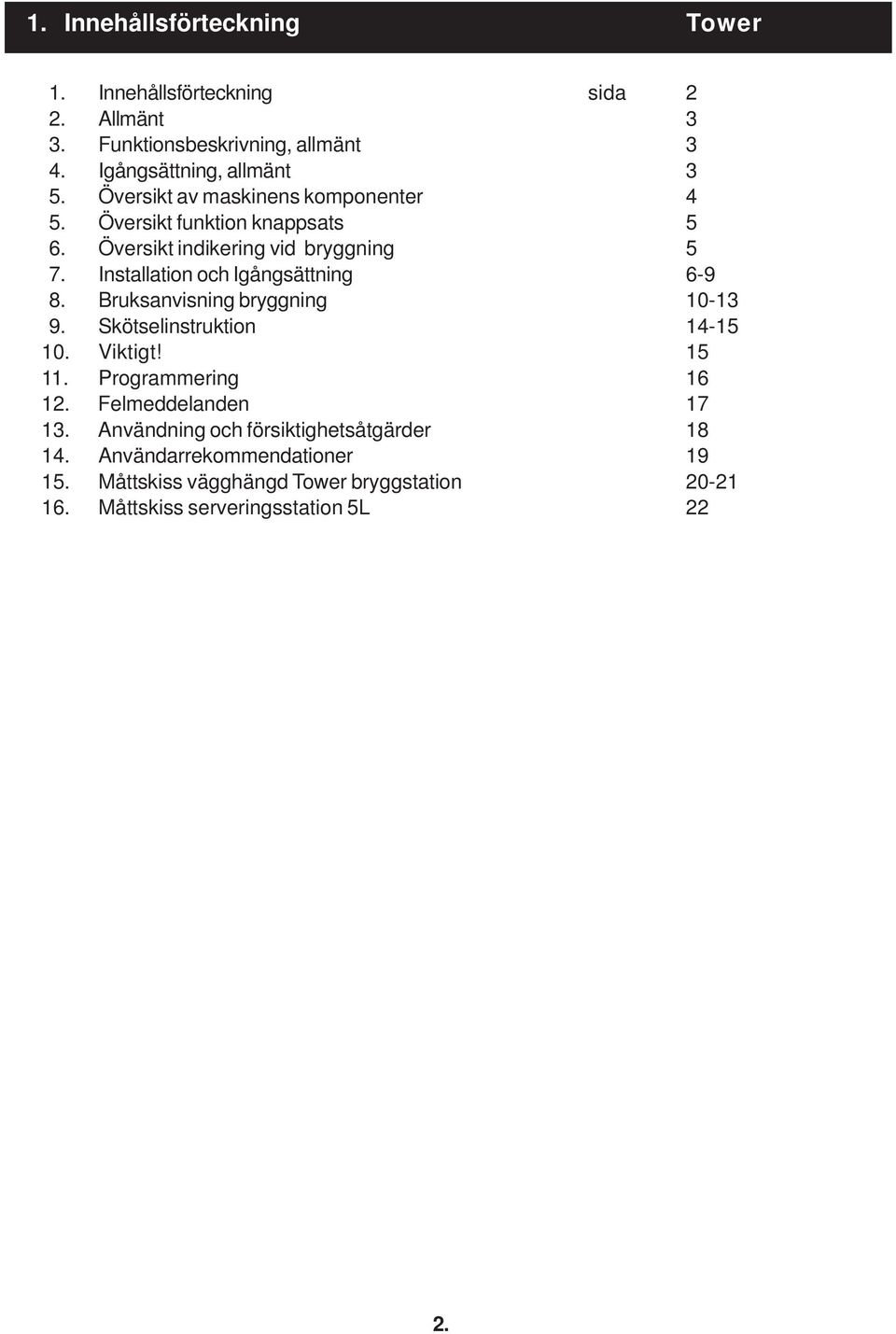 Installation och Igångsättning 6-9 8. Bruksanvisning bryggning 10-13 9. Skötselinstruktion 14-15 10. Viktigt! 15 11. Programmering 16 12.