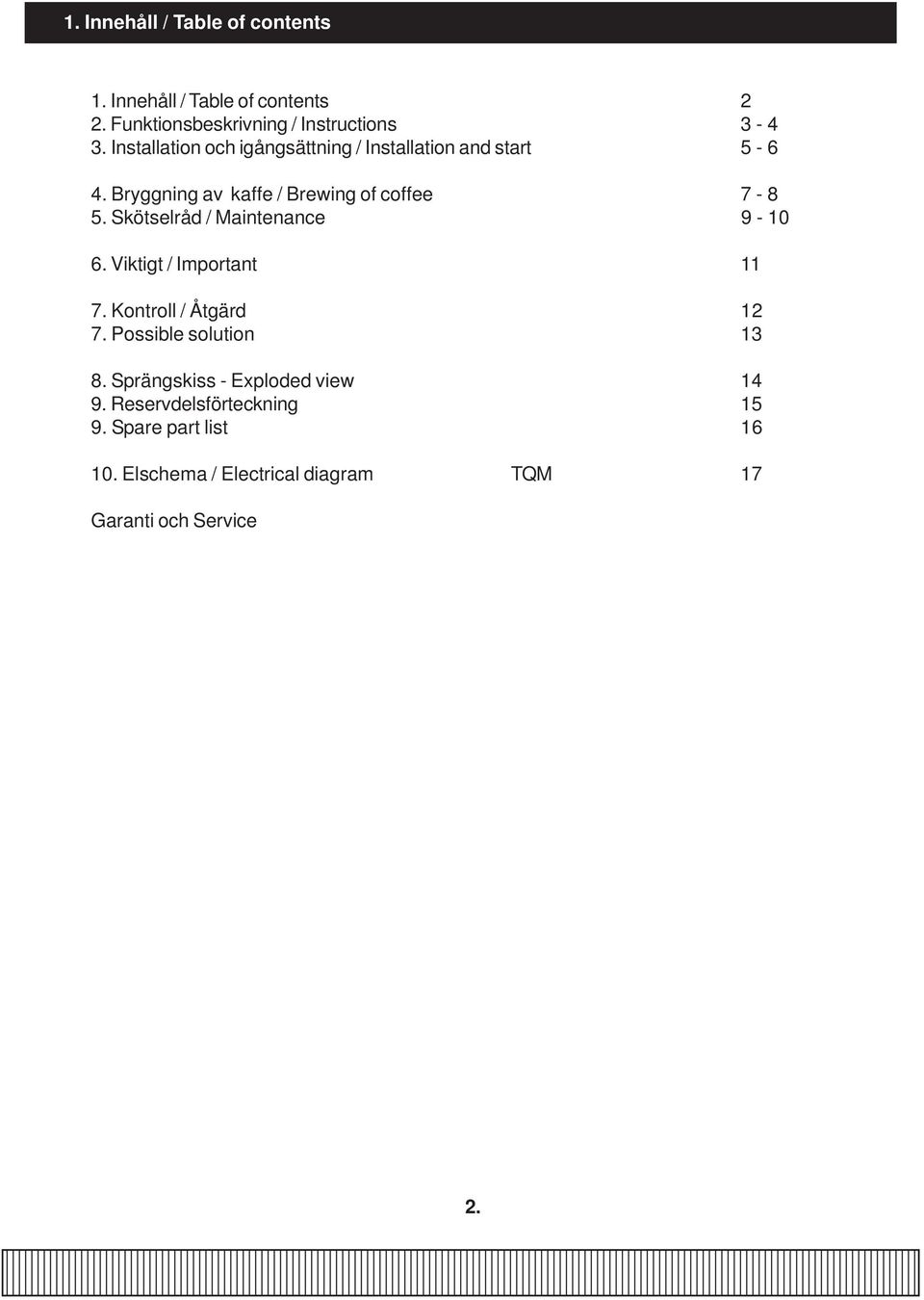 Skötselråd / Maintenance 9-10 6. Viktigt / Important 11 7. Kontroll / Åtgärd 12 7. Possible solution 13 8.