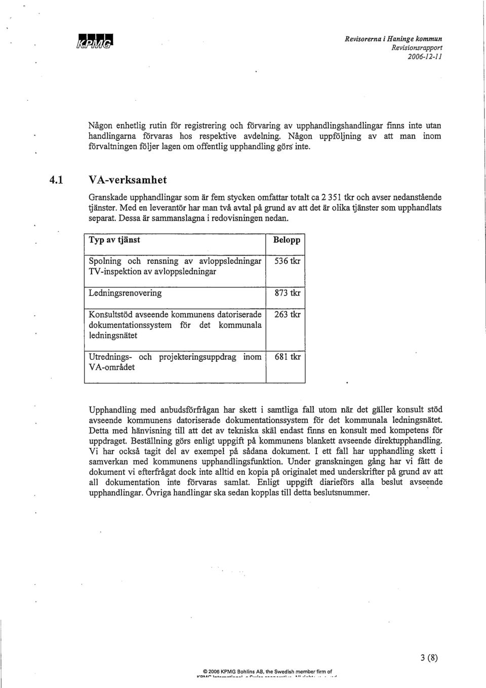 1 VA-verksamhet Granskade upphandlingar som är fern stycken omfattar totalt ca 2 351 tkr och avser nedanstående tjänster.