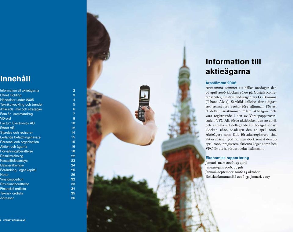 24 Förändring i eget kapital 25 Noter 26 Vinstdisposition 32 Revisionsberättelse 33 Finansiell ordlista 34 Teknisk ordlista 35 Adresser 36 Information till aktieägarna Årsstämma 2006 Årsstämma kommer
