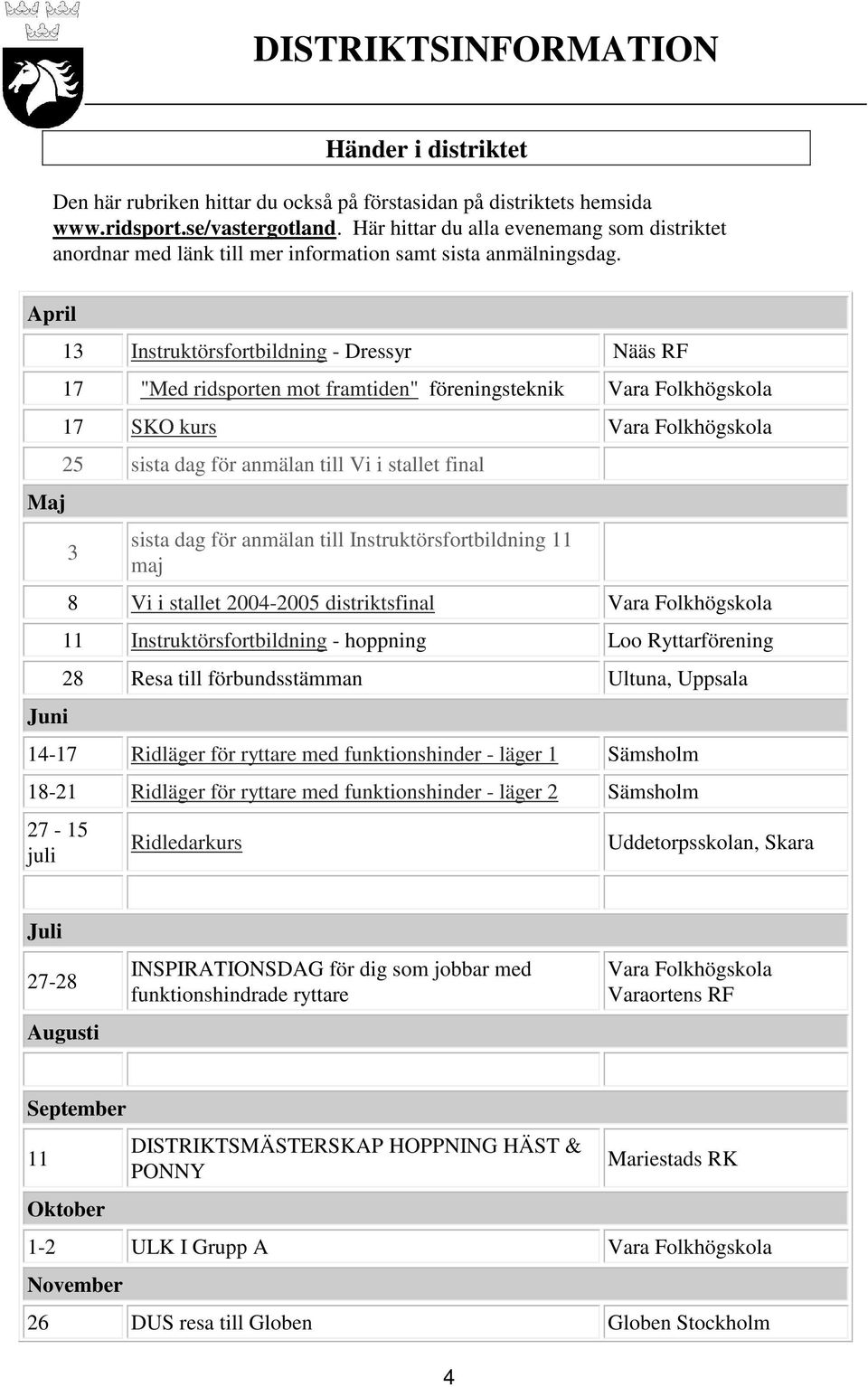 April Maj Juni 13 Instruktörsfortbildning - Dressyr Nääs RF 17 "Med ridsporten mot framtiden" föreningsteknik Vara Folkhögskola 17 SKO kurs Vara Folkhögskola 25 sista dag för anmälan till Vi i