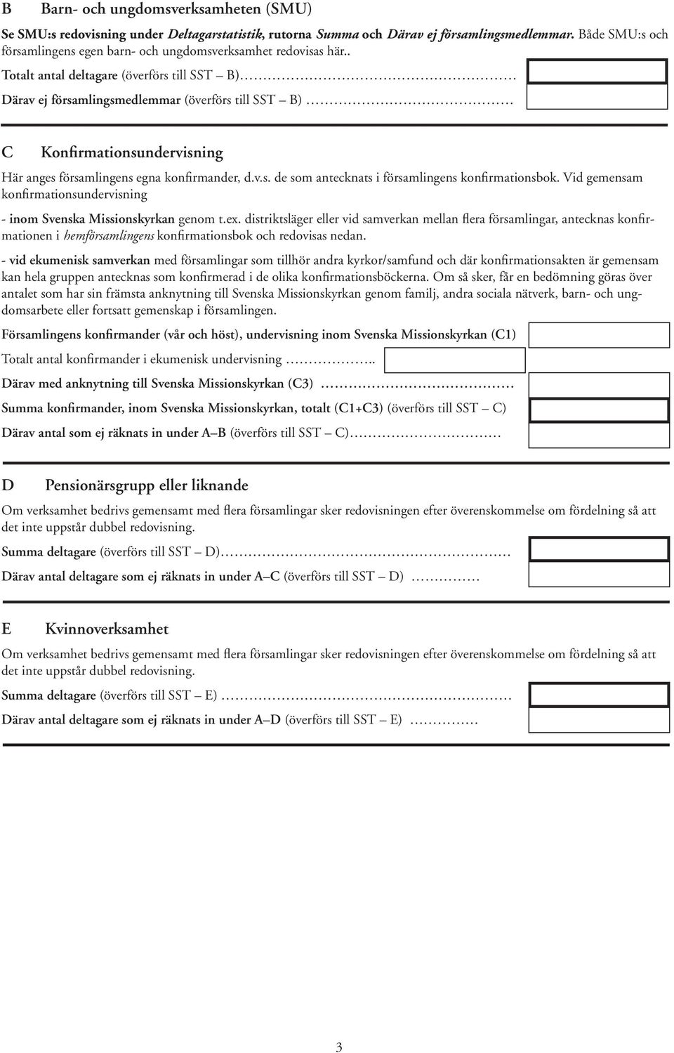 . Totalt antal deltagare (överförs till SST B) Därav ej församlingsmedlemmar (överförs till SST B) C Konfirmationsundervisning Här anges församlingens egna konfirmander, d.v.s. de som antecknats i församlingens konfirmationsbok.