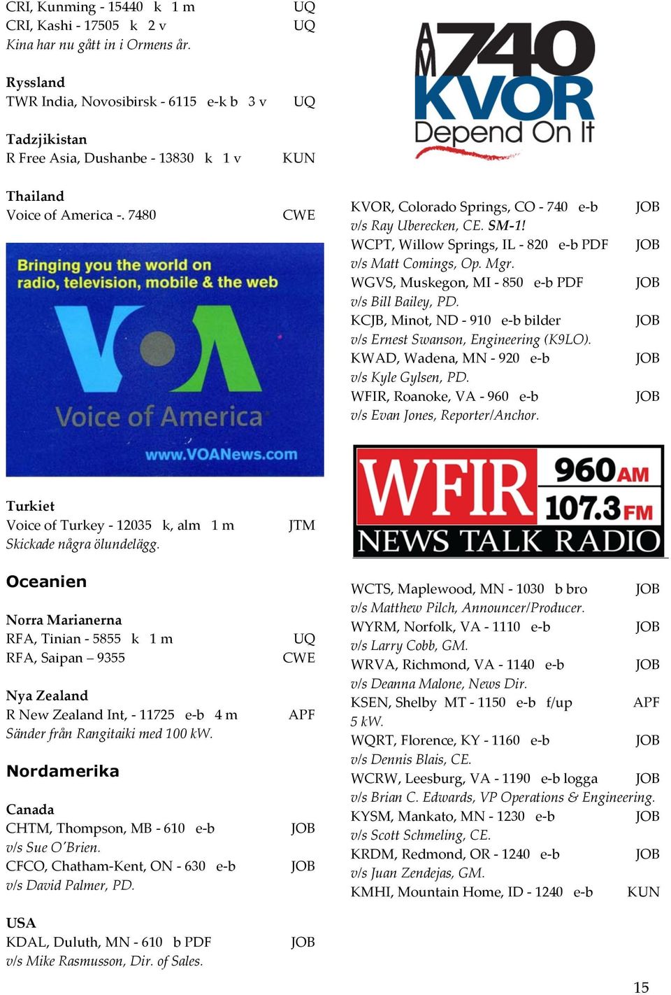 7480 CWE KVOR, Colorado Springs, CO - 740 e- b v/s Ray Uberecken, CE. SM- 1! WCPT, Willow Springs, IL - 820 e- b PDF v/s Matt Comings, Op. Mgr. WGVS, Muskegon, MI - 850 e- b PDF v/s Bill Bailey, PD.