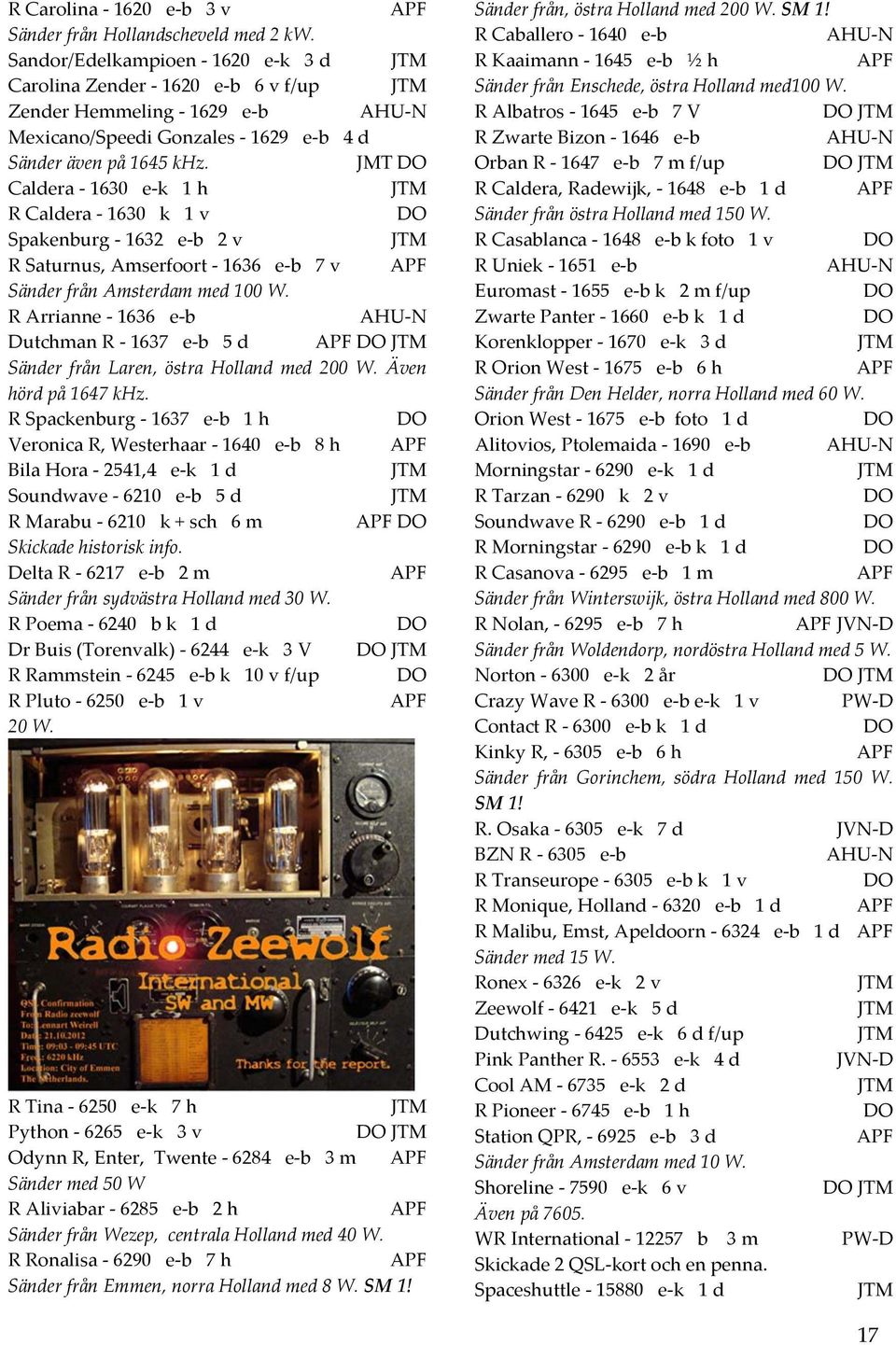 JMT DO Caldera - 1630 e- k 1 h JTM R Caldera - 1630 k 1 v DO Spakenburg - 1632 e- b 2 v JTM R Saturnus, Amserfoort - 1636 e- b 7 v APF Sänder från Amsterdam med 100 W.
