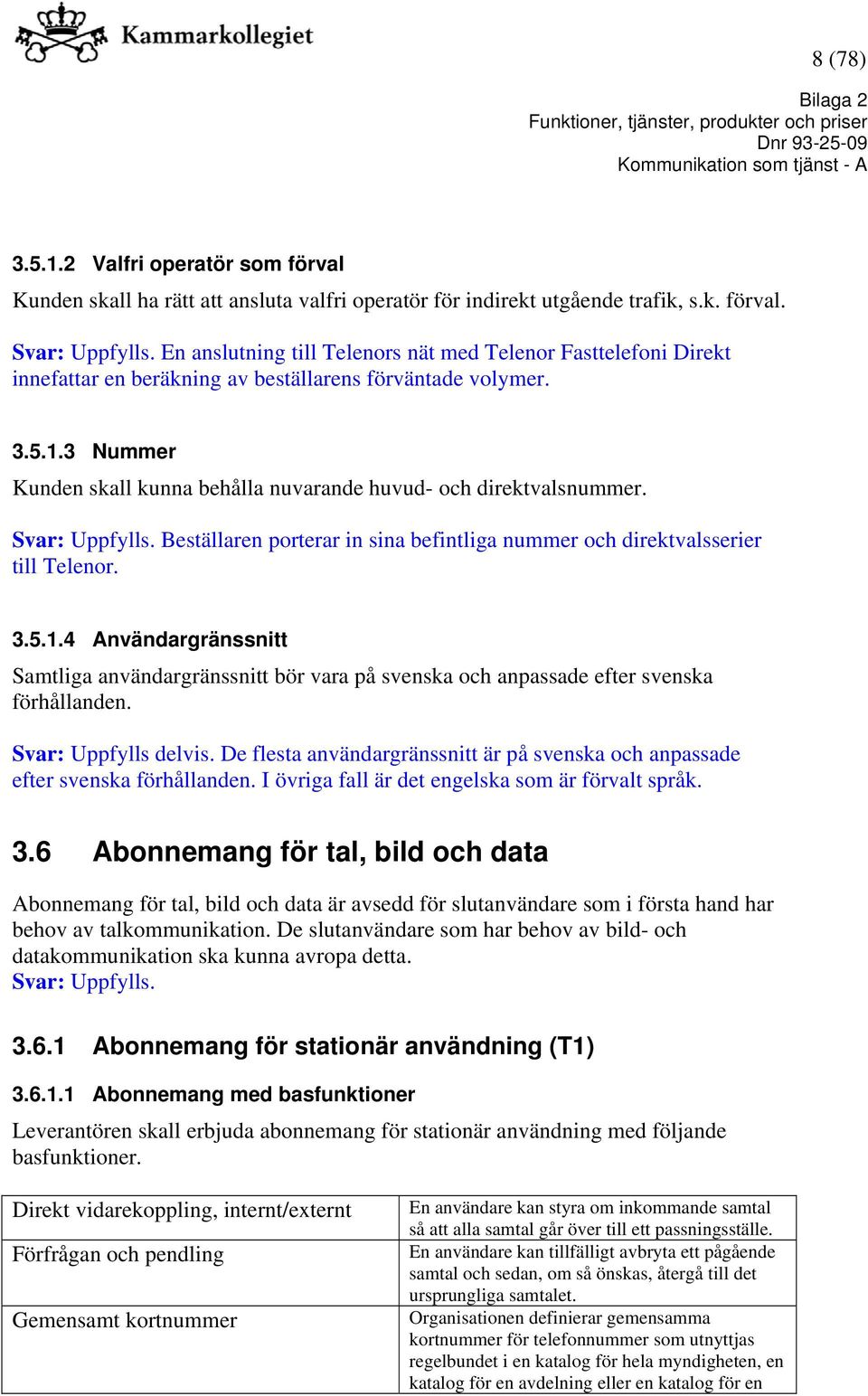 3 Nummer Kunden skall kunna behålla nuvarande huvud- och direktvalsnummer. Svar: Uppfylls. Beställaren porterar in sina befintliga nummer och direktvalsserier till Telenor. 3.5.1.