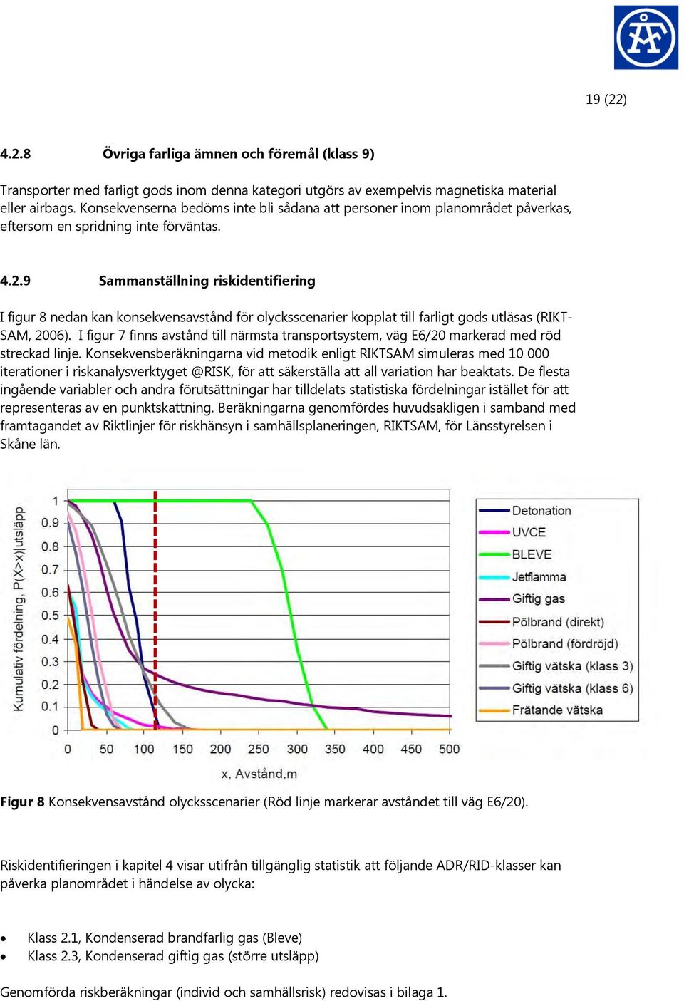 9 Sammanställning riskidentifiering I figur 8 nedan kan konsekvensavstånd för olycksscenarier kopplat till farligt gods utläsas (RIKT- SAM, 2006).