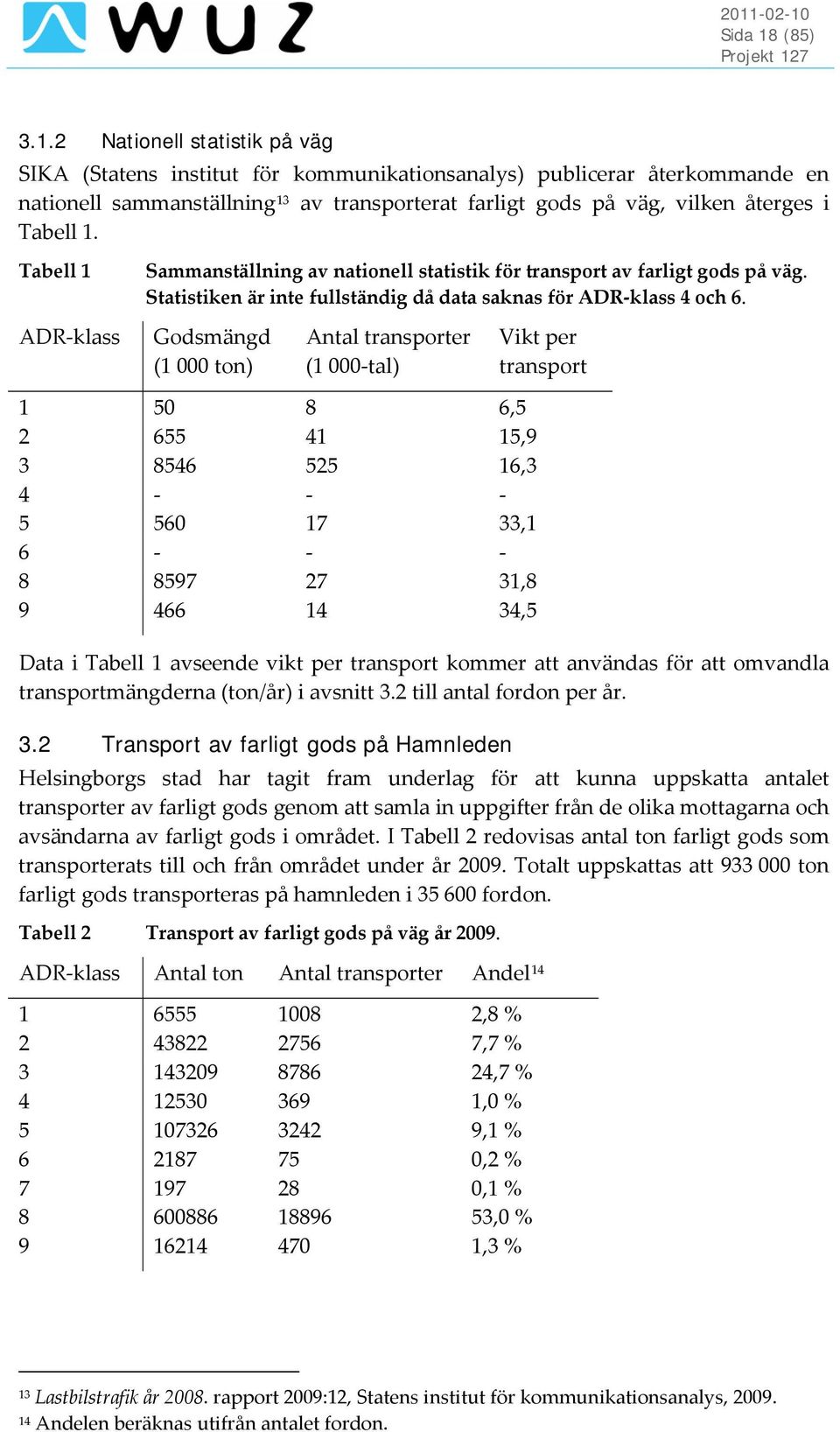 2 Nationell statistik på väg SIKA (Statens institut för kommunikationsanalys) publicerar återkommande en nationell sammanställning 13 av transporterat farligt gods på väg, vilken återges i Tabell 1.