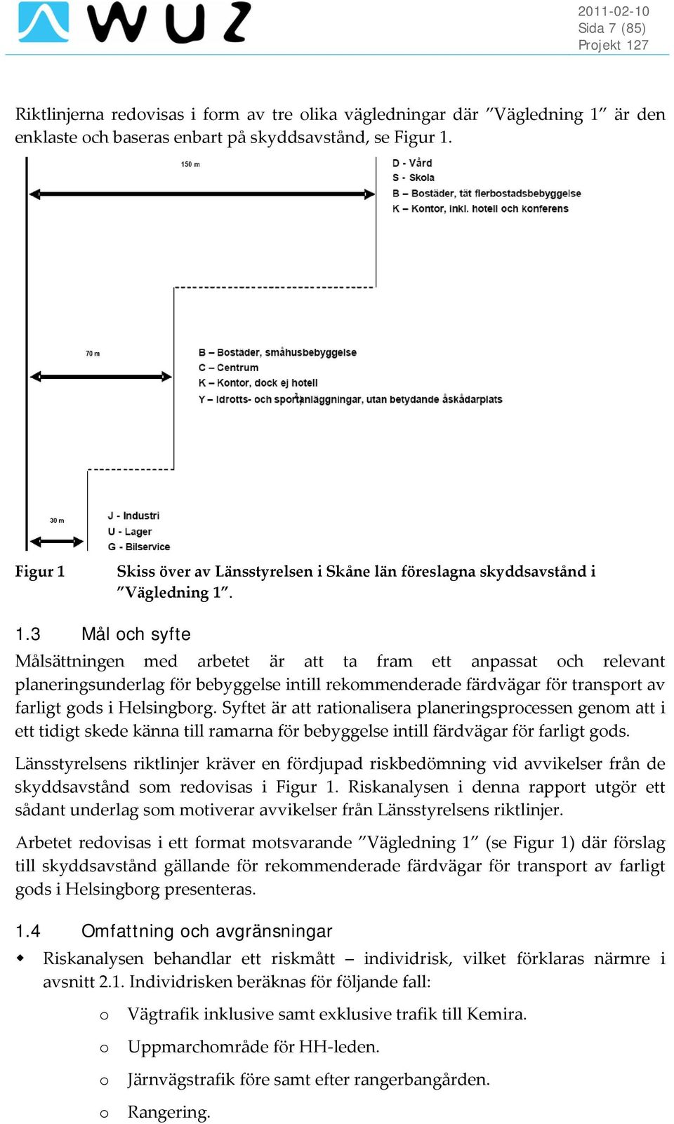 Skiss över av Länsstyrelsen i Skåne län föreslagna skyddsavstånd i Vägledning 1.