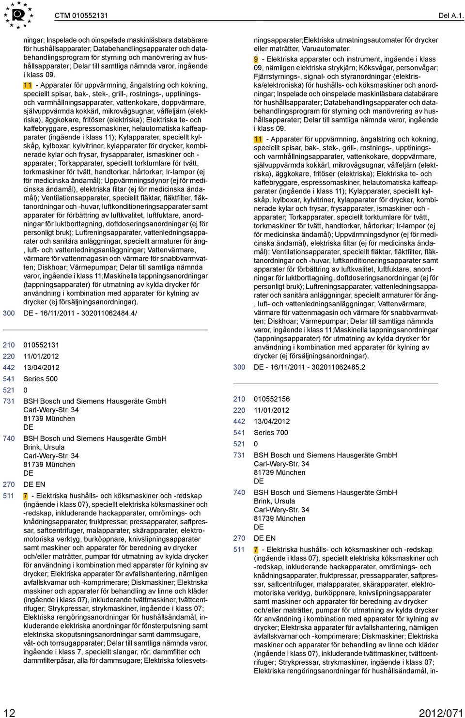 3 ningar; Inspelade och oinspelade maskinläsbara databärare för hushållsapparater; Databehandlingsapparater och databehandlingsprogram för styrning och manövrering av hushållsapparater; Delar till