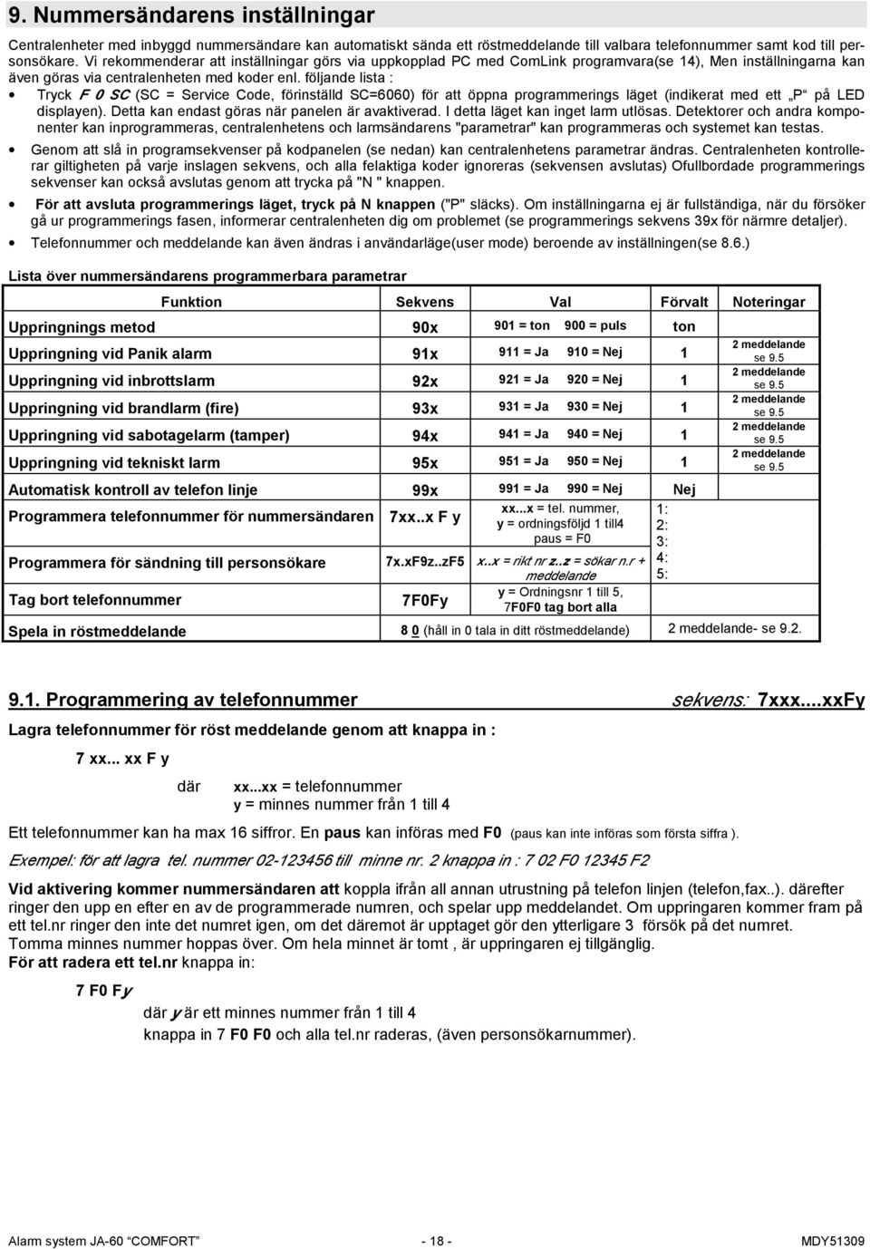 följande lista : Tryck F 0 SC (SC = Service Code, förinställd SC=6060) för att öppna programmerings läget (indikerat med ett P på LED displayen). Detta kan endast göras när panelen är avaktiverad.