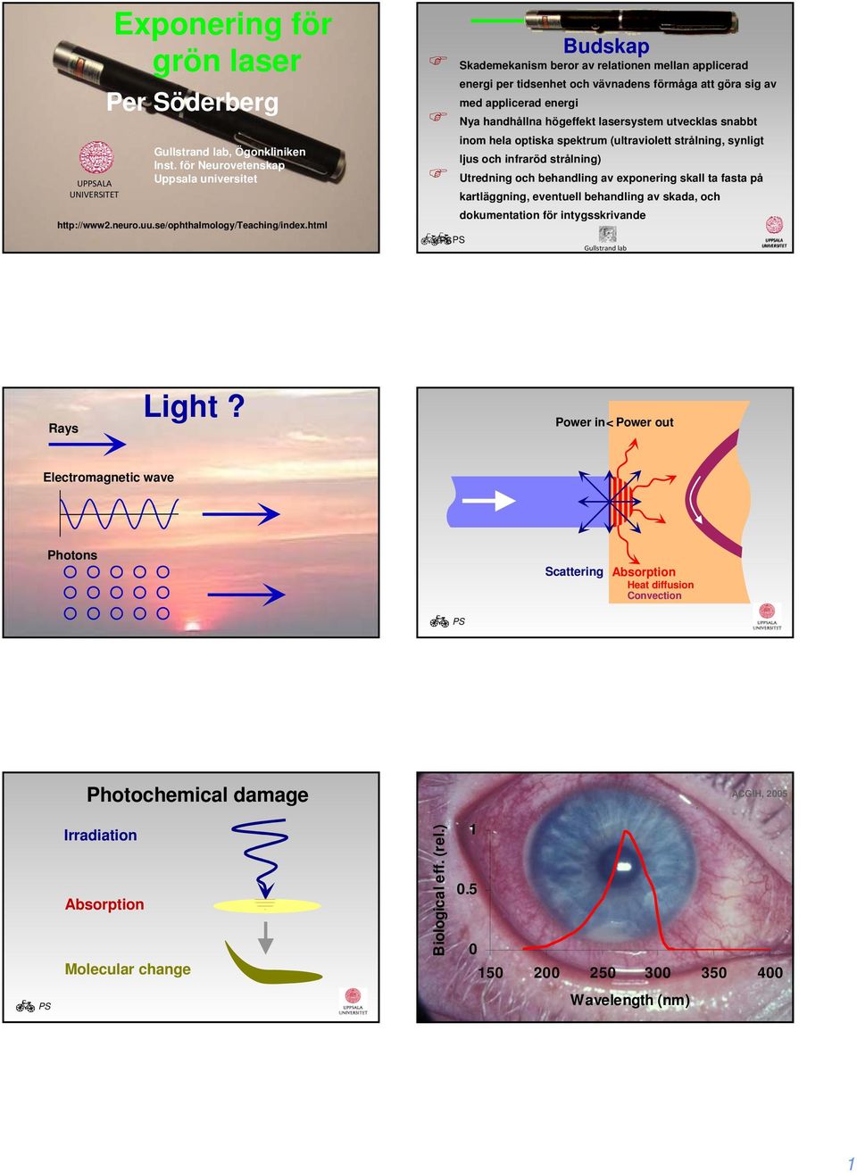 inom hela optiska spektrum (ultraviolett strålning, synligt ljus och infraröd strålning) Utredning och behandling av exponering skall ta fasta på kartläggning, eventuell behandling av skada, och