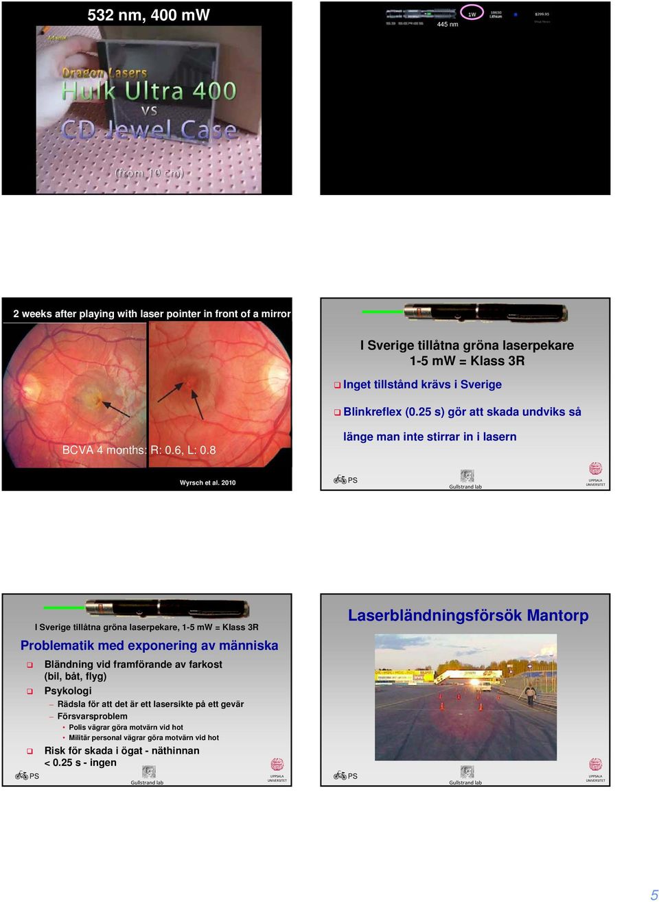2 I Sverige tillåtna gröna laserpekare, -5 mw = Klass 3R Laserbländningsförsök Mantorp Problematik med exponering av människa Bländning vid framförande av farkost (bil,