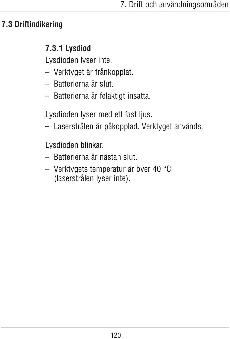 Lysdioden lyser med ett fast ljus. Laserstrålen är påkopplad. Verktyget används.