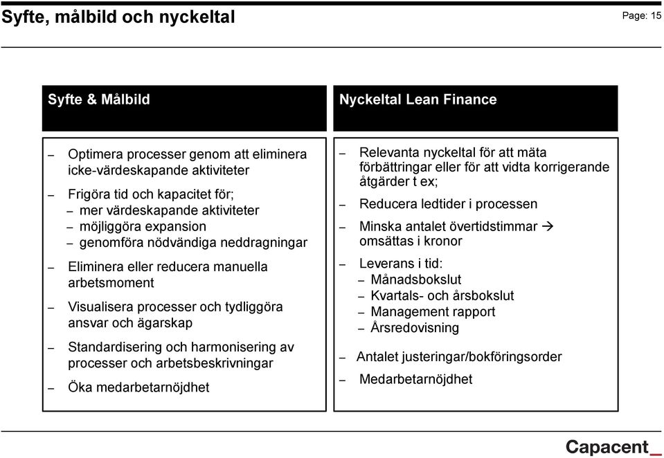 Standardisering och harmonisering av processer och arbetsbeskrivningar Öka medarbetarnöjdhet Relevanta nyckeltal för att mäta förbättringar eller för att vidta korrigerande åtgärder t ex;