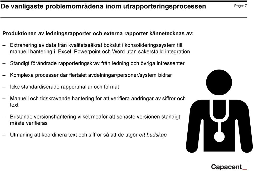 och övriga intressenter Komplexa processer där flertalet avdelningar/personer/system bidrar Icke standardiserade rapportmallar och format Manuell och tidskrävande hantering för att