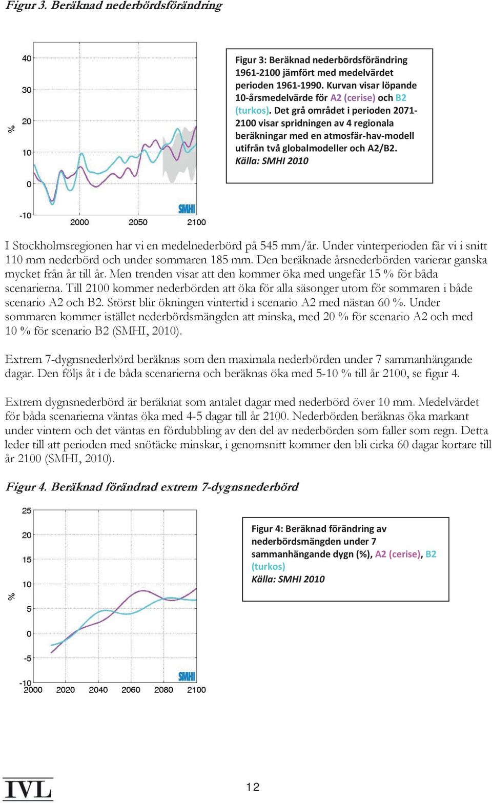 Det grå området i perioden 2071-2100 visar spridningen av 4 regionala beräkningar med en atmosfär-hav-modell utifrån två globalmodeller och A2/B2.