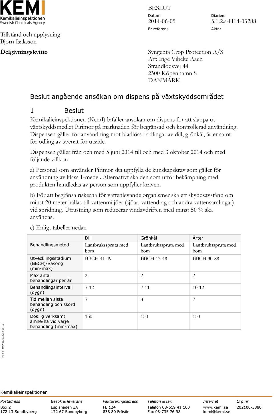 användning. Dispensen gäller för användning mot bladlöss i odlingar av dill, grönkål, ärter samt för odling av spenat för utsäde.