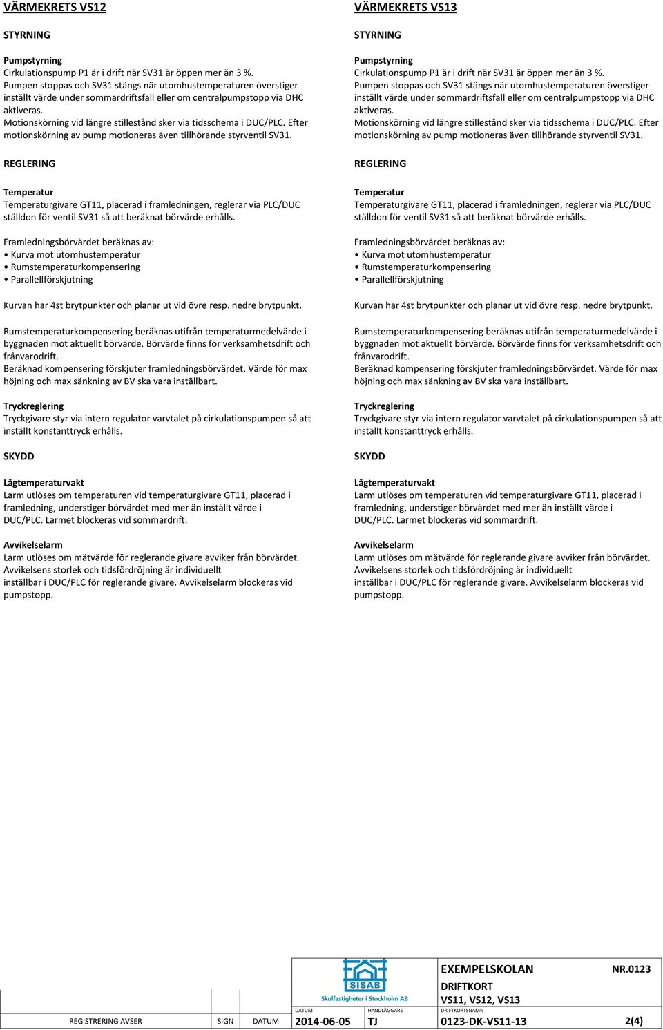 Motionskörning vid längre stillestånd sker via tidsschema i C/PLC. Efter motionskörning av pump motioneras även tillhörande styrventil SV31.