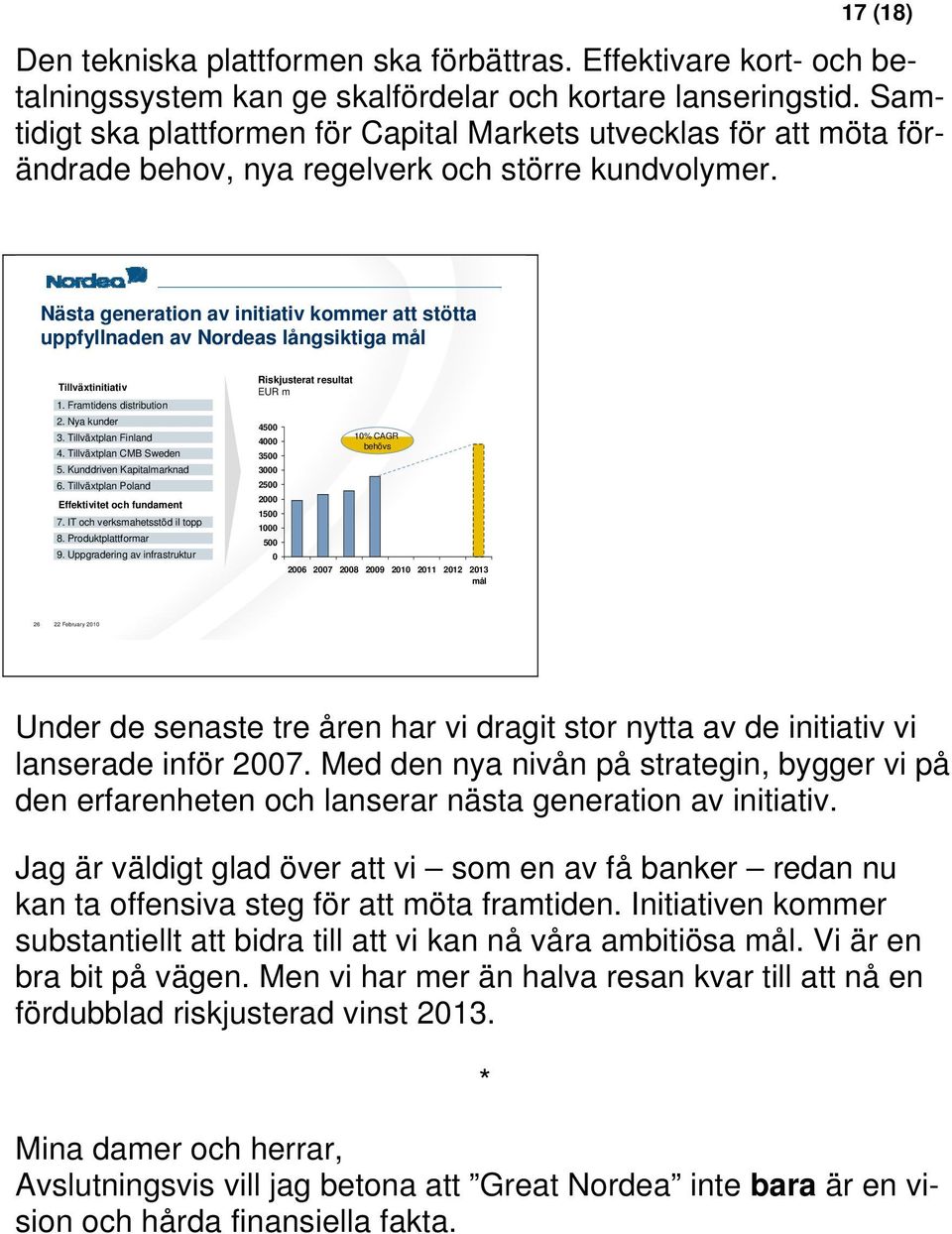 Nästa generation av initiativ kommer att stötta uppfyllnaden av Nordeas långsiktiga mål Tillväxtinitiativ 1. Framtidens distribution 2. Nya kunder 3. Tillväxtplan Finland 4. Tillväxtplan CMB Sweden 5.