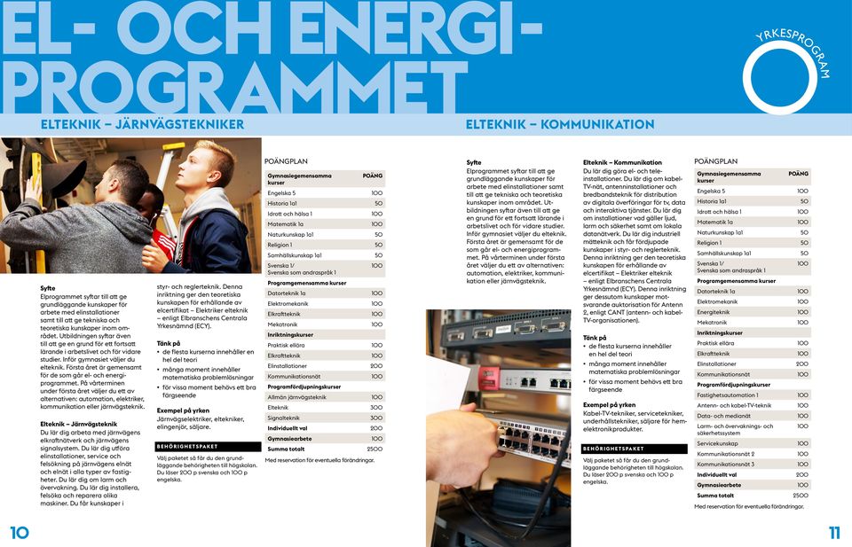 Första året är gemensamt för de som går el- och energiprogrammet. På vårterminen under första året väljer du ett av alternativen: automation, elektriker, kommunikation eller järnvägsteknik.