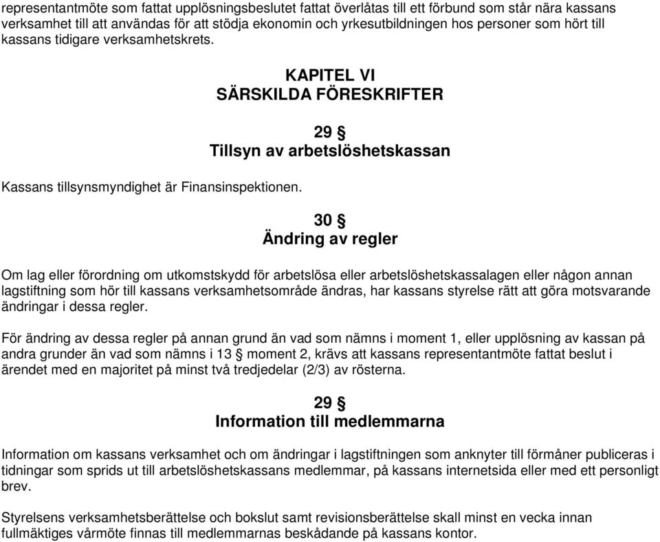 KAPITEL VI SÄRSKILDA FÖRESKRIFTER 29 Tillsyn av arbetslöshetskassan 30 Ändring av regler Om lag eller förordning om utkomstskydd för arbetslösa eller arbetslöshetskassalagen eller någon annan