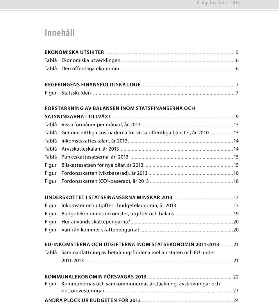 ..13 Tablå Inkomstskatteskalan, år 2013...14 Tablå Arvsskatteskalan, år 2013...14 Tablå Punktskattesatserna, år 2013...15 Figur Bilskattesatsen för nya bilar, år 2013.