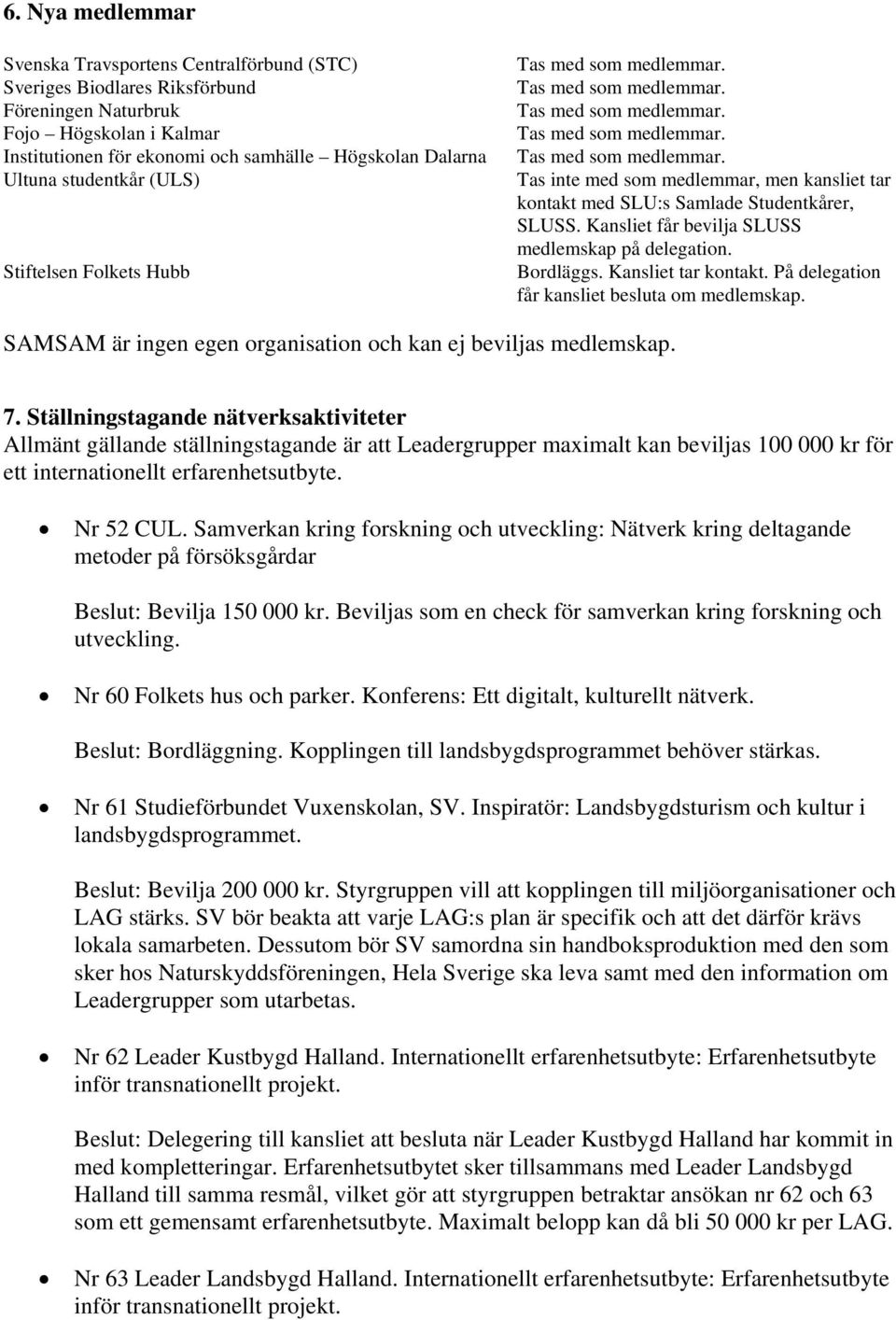 Kansliet tar kontakt. På delegation får kansliet besluta om medlemskap. SAMSAM är ingen egen organisation och kan ej beviljas medlemskap. 7.