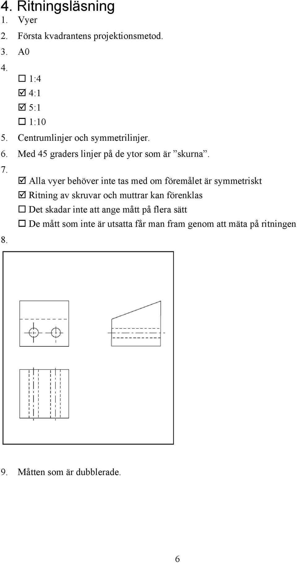 Alla vyer behöver inte tas med om föremålet är symmetriskt Ritning av skruvar och muttrar kan förenklas Det