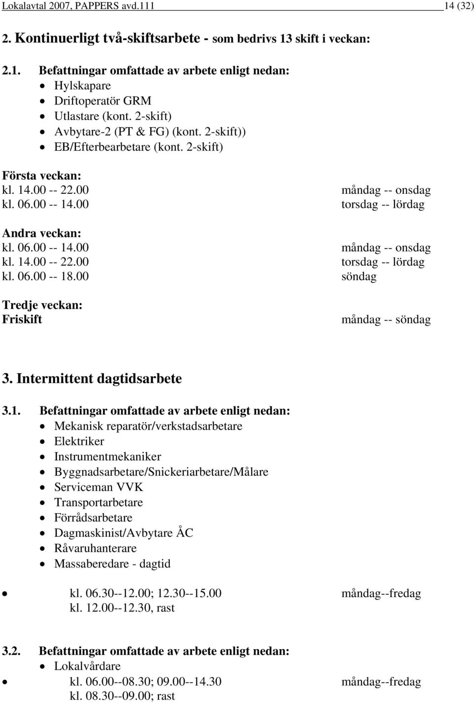 00 Tredje veckan: Friskift måndag -- onsdag torsdag -- lördag måndag -- onsdag torsdag -- lördag söndag måndag -- söndag 3. Intermittent dagtidsarbete 3.1.