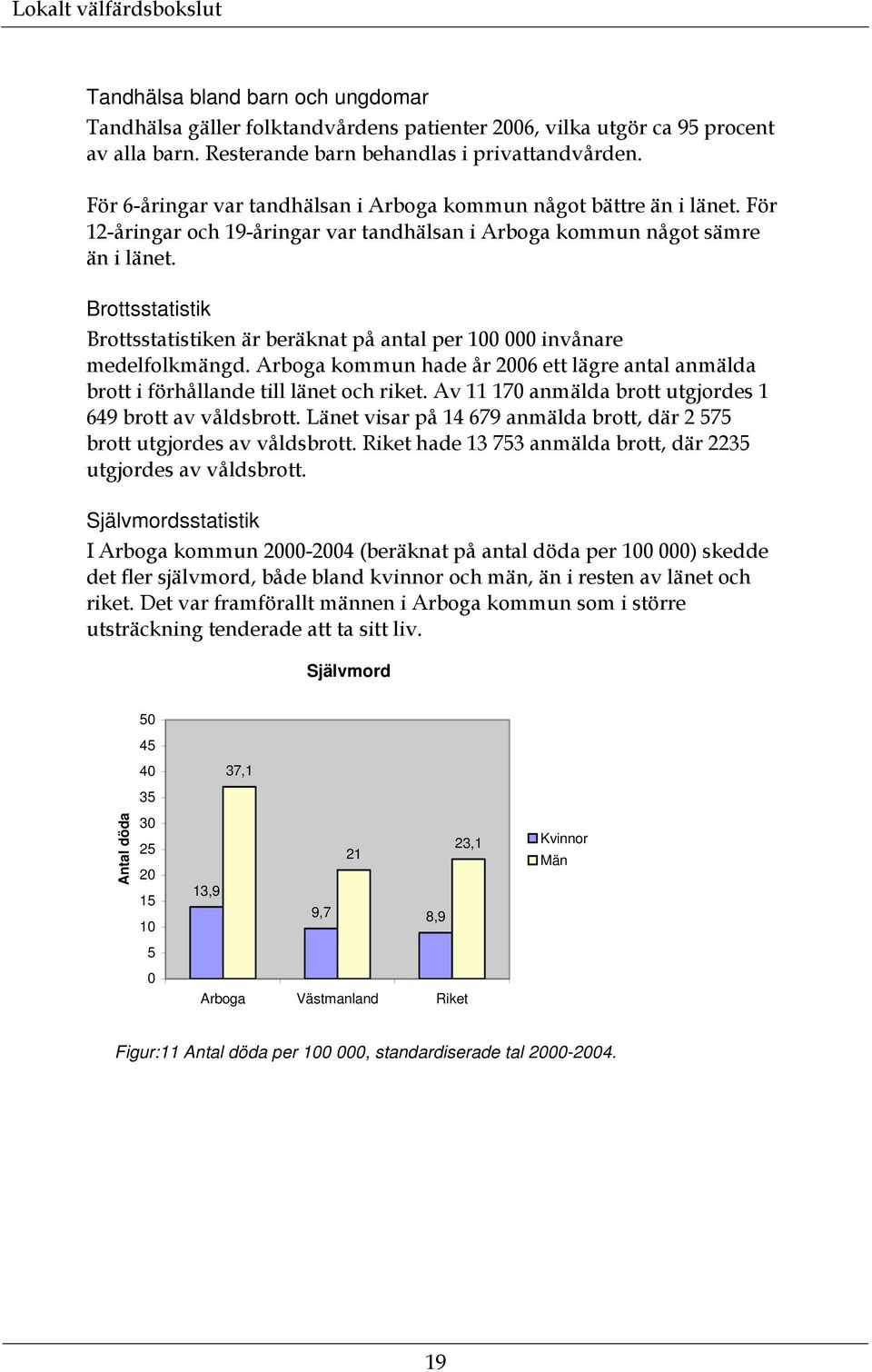 Brottsstatistik Brottsstatistiken är beräknat på antal per 100 000 invånare medelfolkmängd. Arboga kommun hade år 2006 ett lägre antal anmälda brott i förhållande till länet och riket.