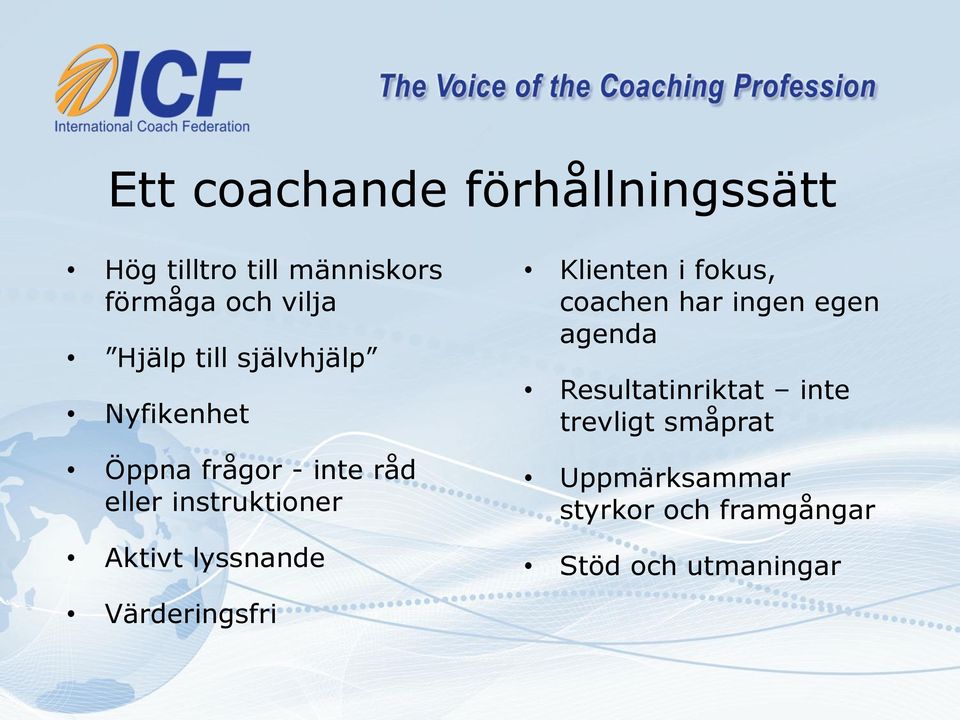 Aktivt lyssnande Värderingsfri Klienten i fokus, coachen har ingen egen agenda
