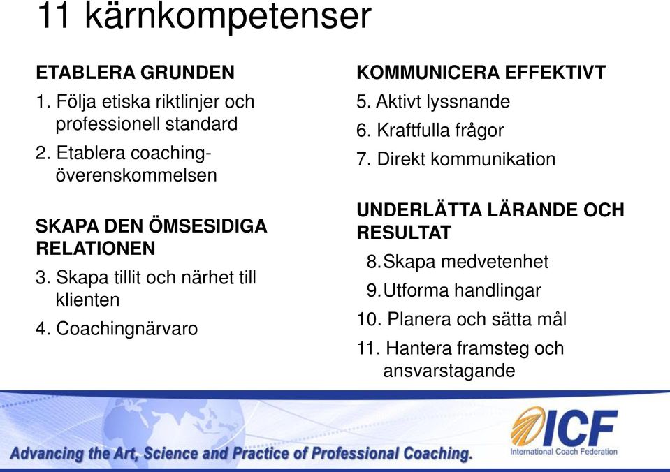 Coachingnärvaro KOMMUNICERA EFFEKTIVT 5. Aktivt lyssnande 6. Kraftfulla frågor 7.