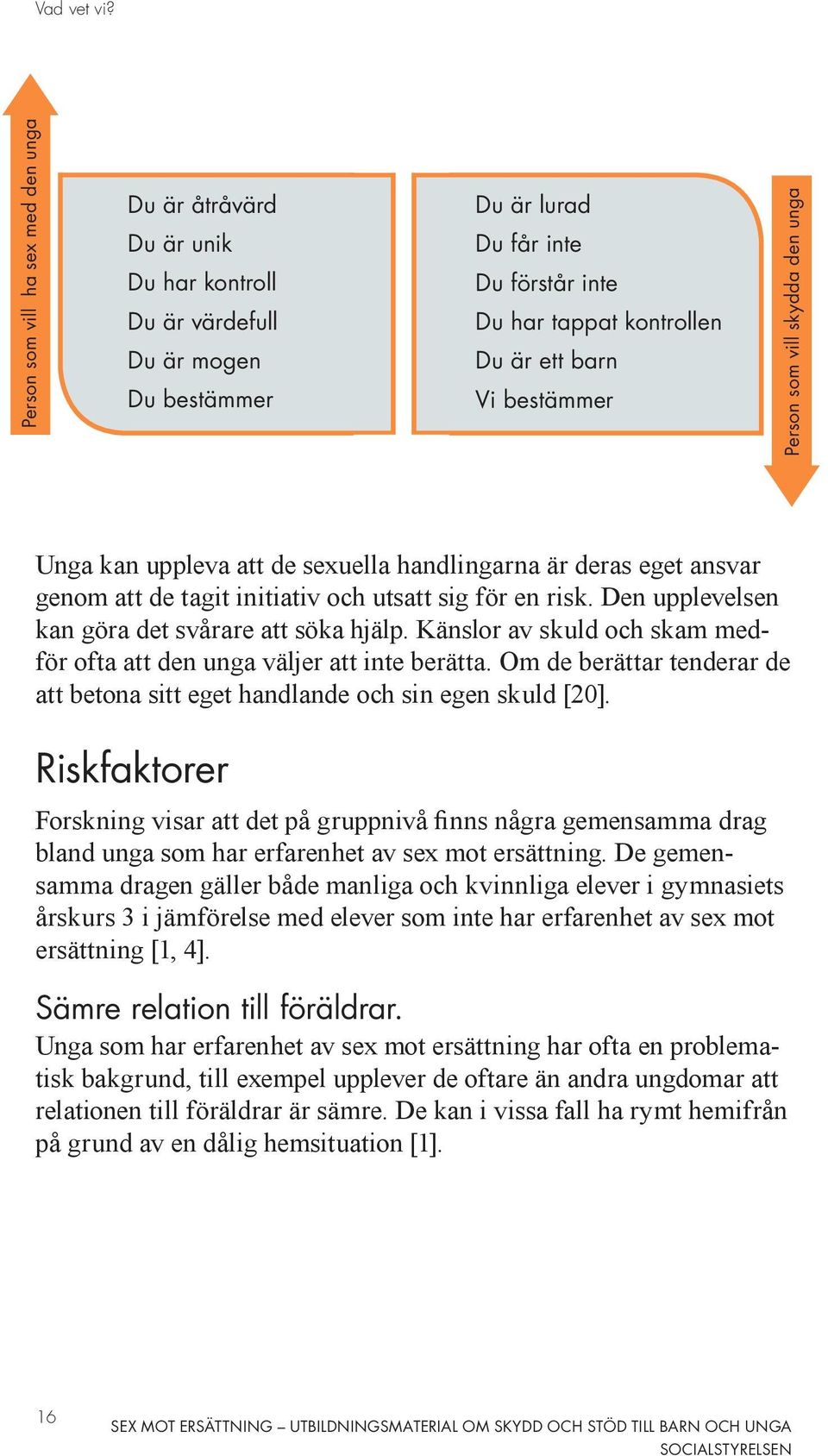 Vi bestämmer Person som vill skydda den unga Unga kan uppleva att de sexuella handlingarna är deras eget ansvar genom att de tagit initiativ och utsatt sig för en risk.