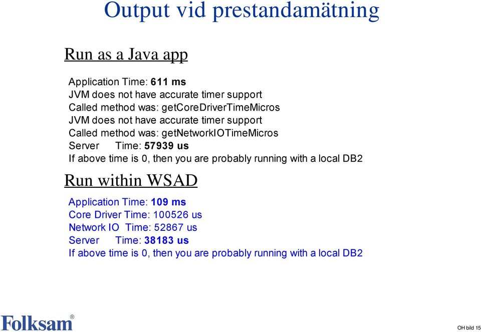 If above time is 0, then you are probably running with a local DB2 Run within WSAD Application Time: 109 ms Core Driver Time: