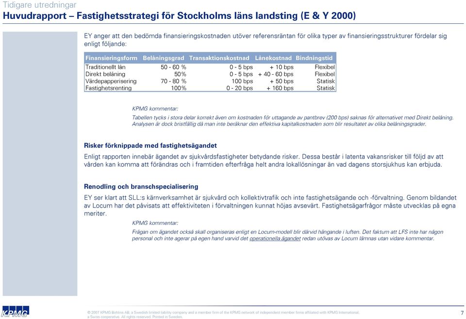 50% 0-5 bps + 40-60 bps Flexibel Värdepapperisering 70-80 % 100 bps + 50 bps Statisk Fastighetsrenting 100% 0-20 bps + 160 bps Statisk KPMG kommentar: Tabellen tycks i stora delar korrekt även om