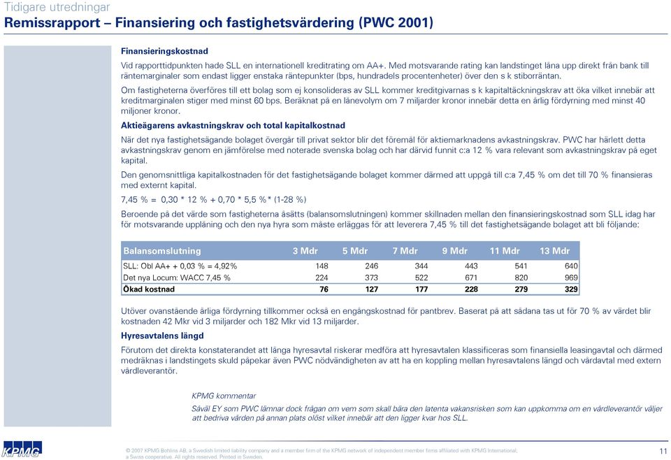 Om fastigheterna överföres till ett bolag som ej konsolideras av SLL kommer kreditgivarnas s k kapitaltäckningskrav att öka vilket innebär att kreditmarginalen stiger med minst 60 bps.