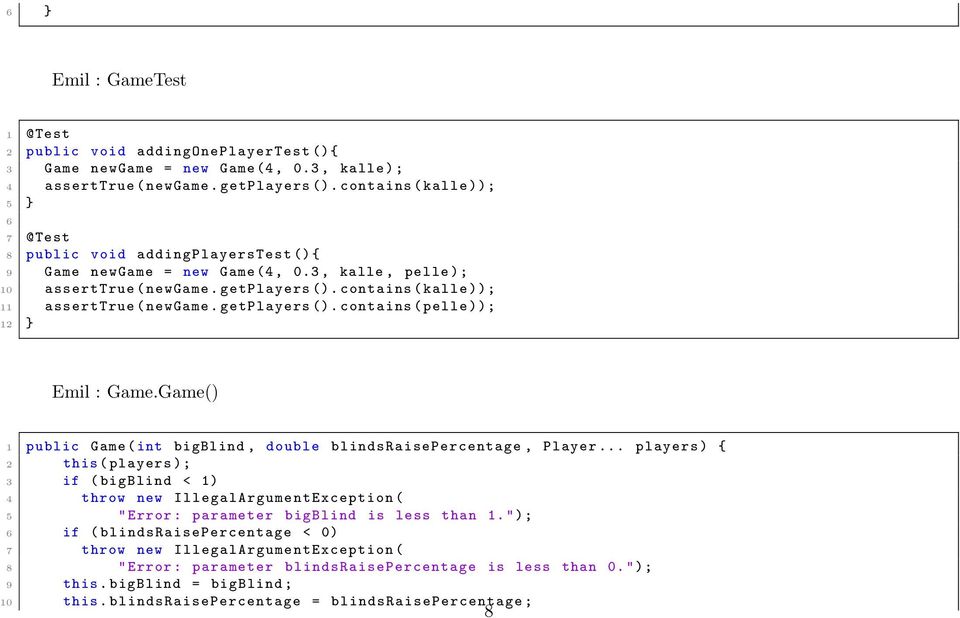 contains ( kalle )); 11 asserttrue ( newgame. getplayers (). contains ( pelle )); 12 } Emil : Game.Game() 1 public Game ( int bigblind, double blindsraisepercentage, Player.